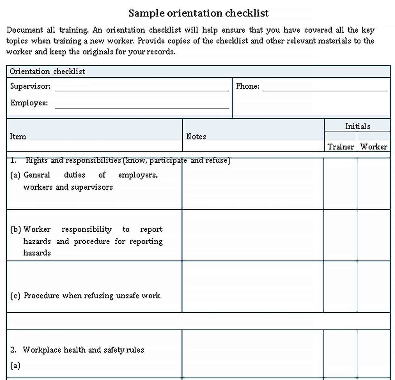 Sample Sample Orientation Checklist Template