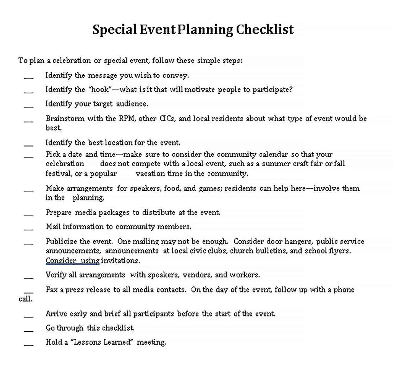 Sample Sample Special Event Planning Checklist