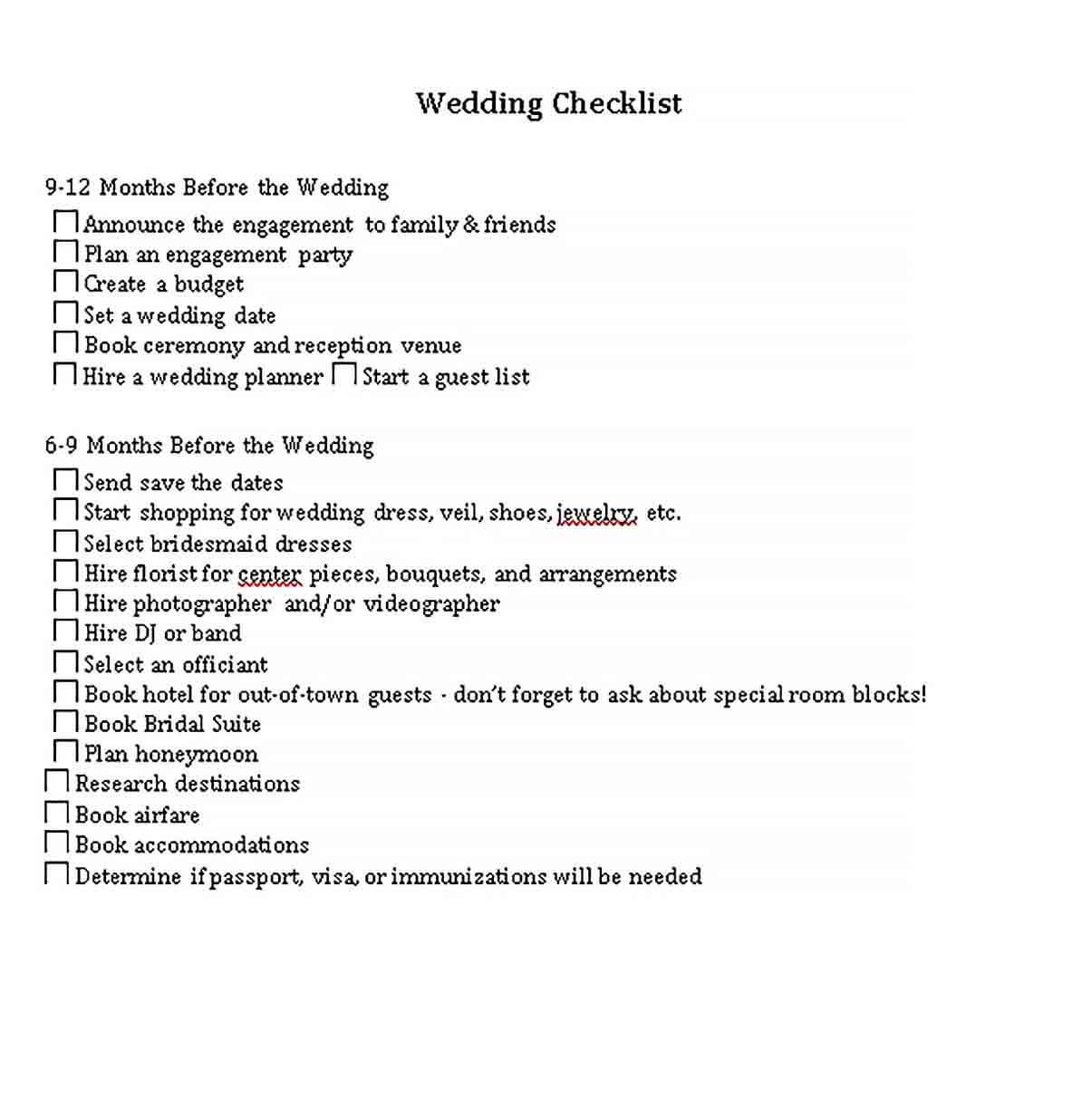 Sample Sample Wedding Checklist 1