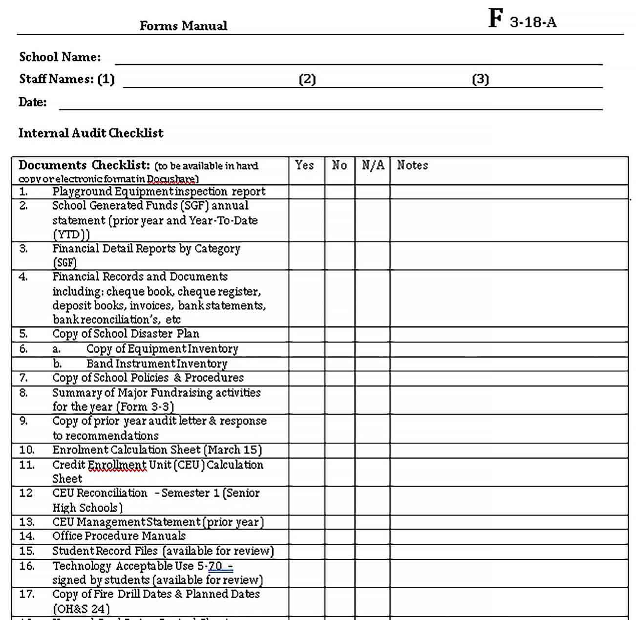 Sample School Internal Audit Checklist Template