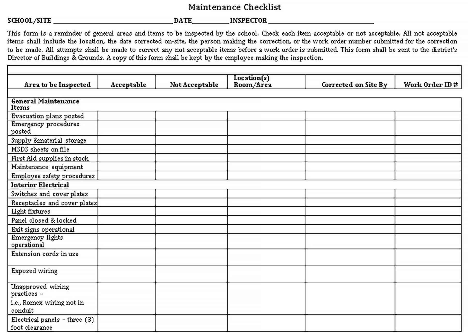 Sample School Maintenance Checklist Example