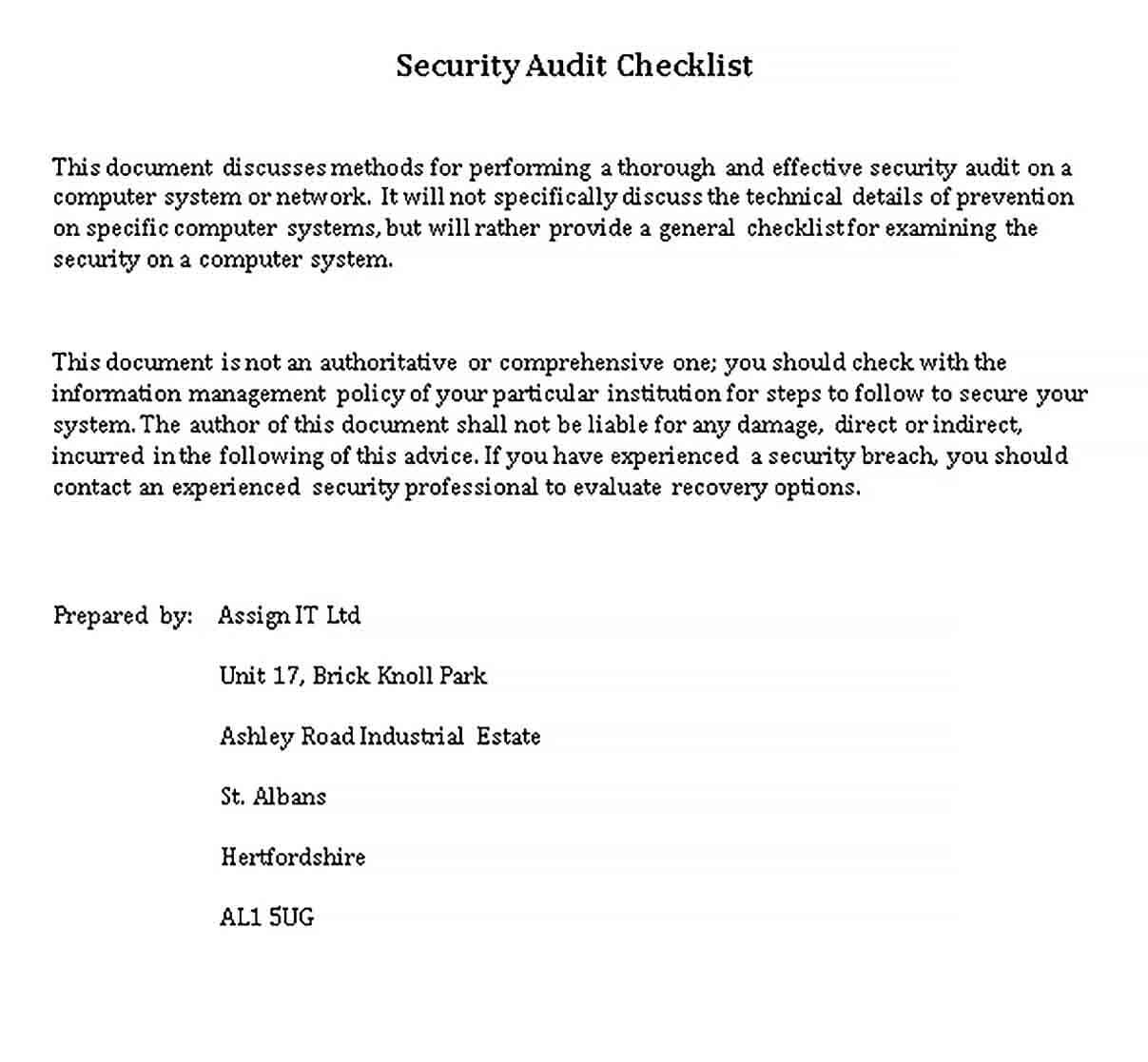 Sample Security Audit Checklist Template