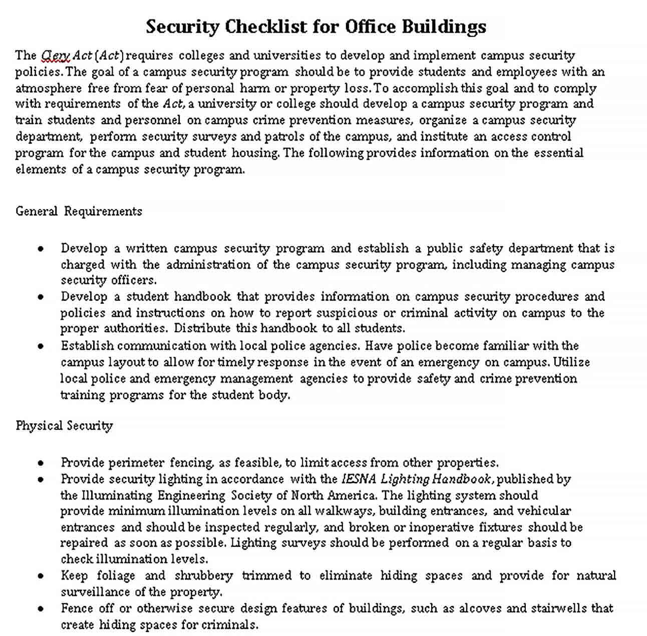 Sample Security Checklist for Office Buildings Template