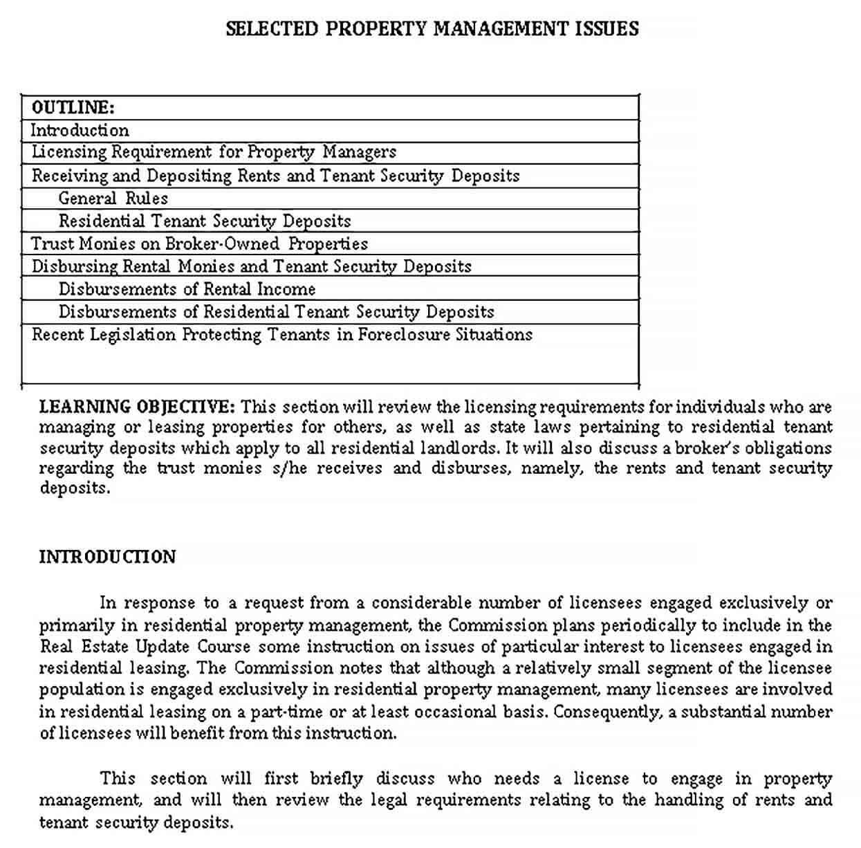 Sample Selected Property Management Checklist