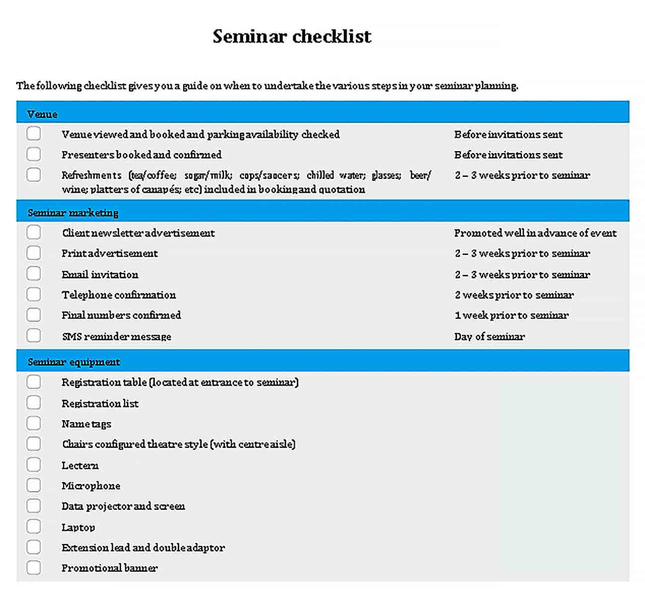 Sample Seminar Checklist in PDF