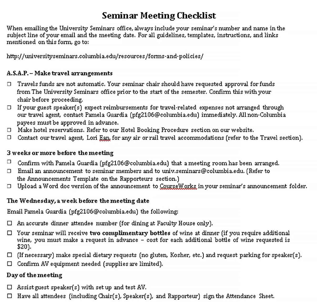Sample Seminar Meeting Checklist