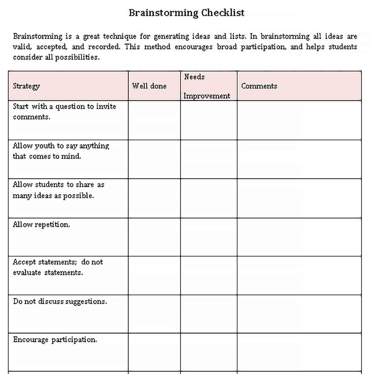 Sample Simple Brainstorming Checklist Template