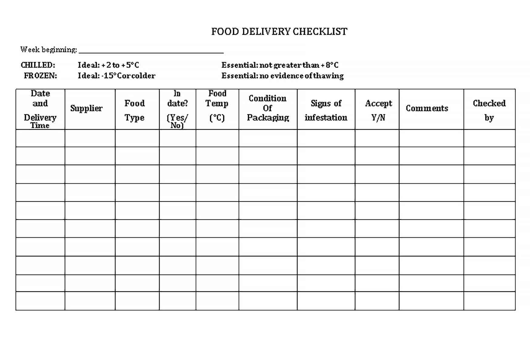 Sample Simple Delivery Checklist Template