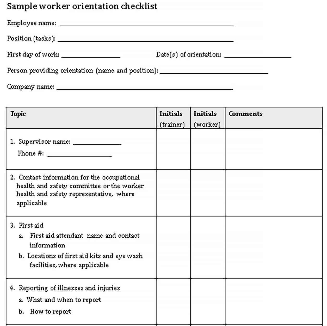 Sample Simple Orientation Checklist Template