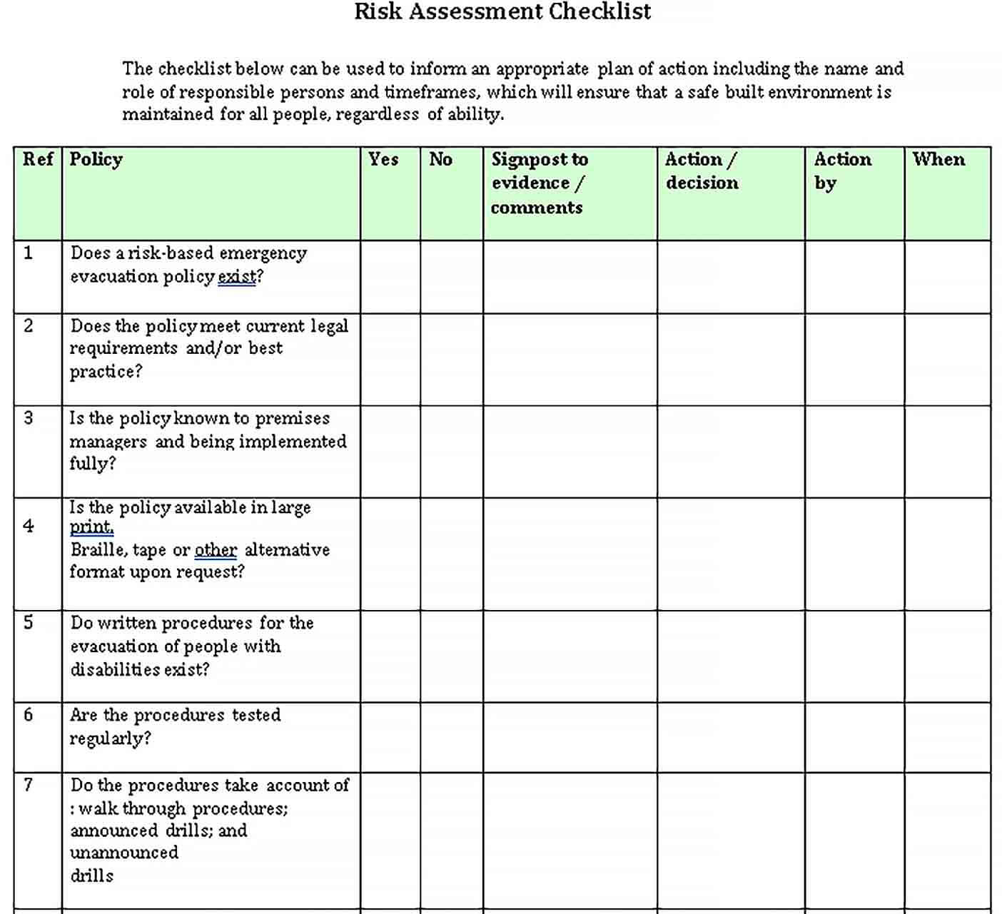 Sample Simple Template For Risk Checklist