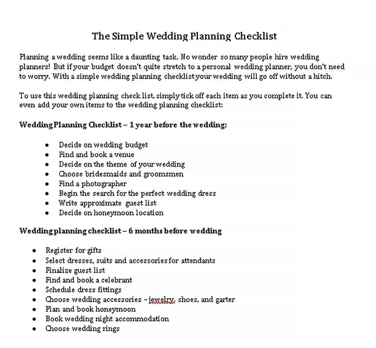 Sample Simple Wedding Planning Checklist 1