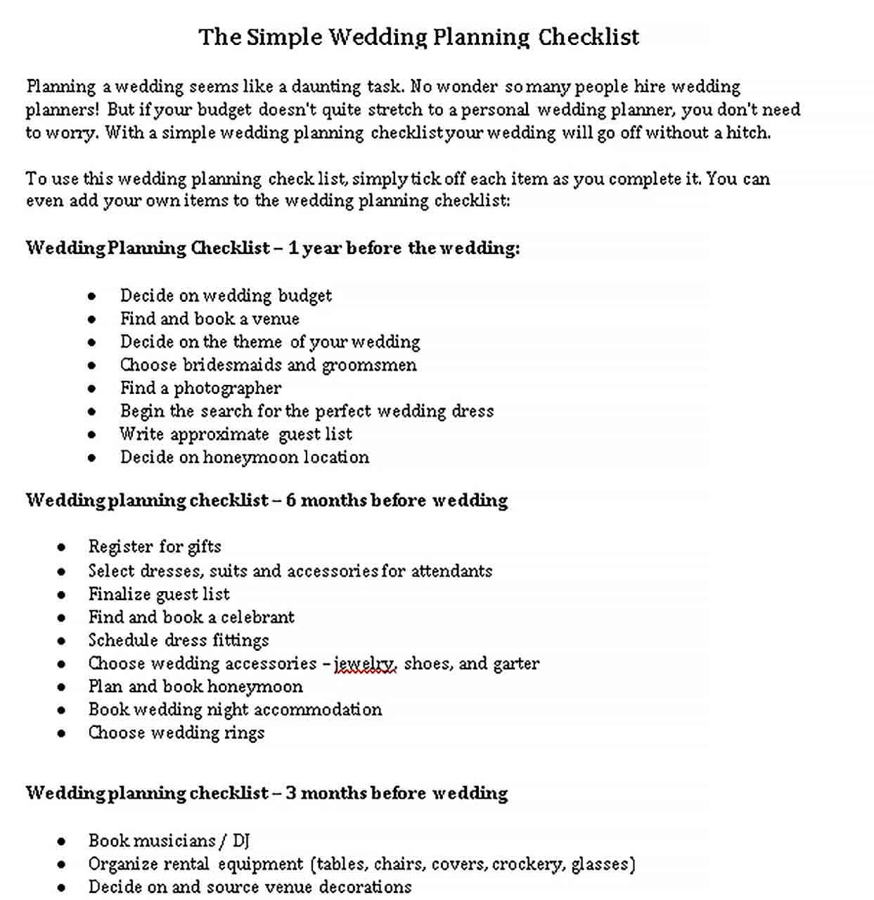 Sample Simple Wedding Planning Checklist
