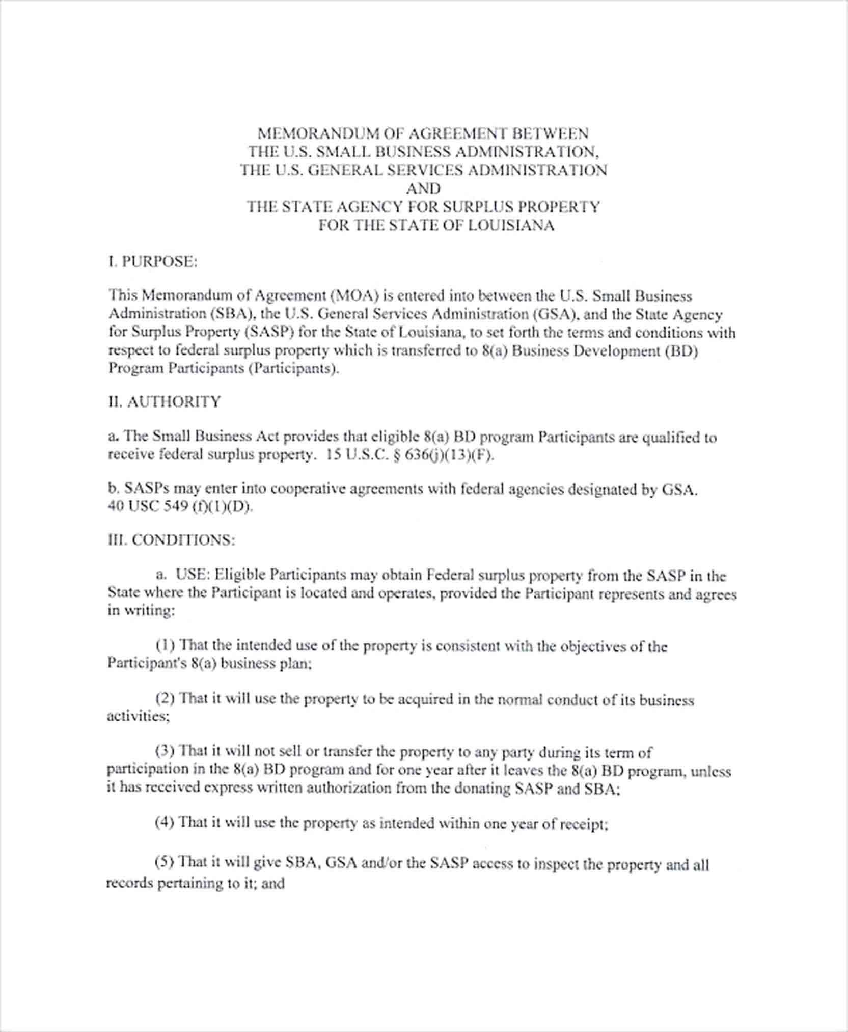 Sample Small Business Administration Memorandum Agreement
