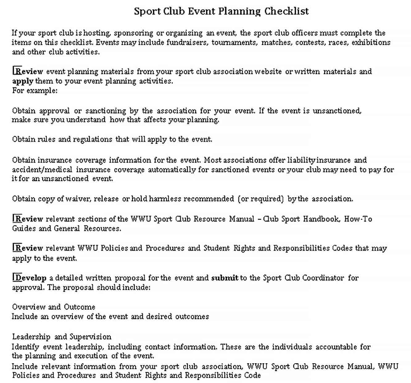 Sample Sport Club Event Planning Checklist