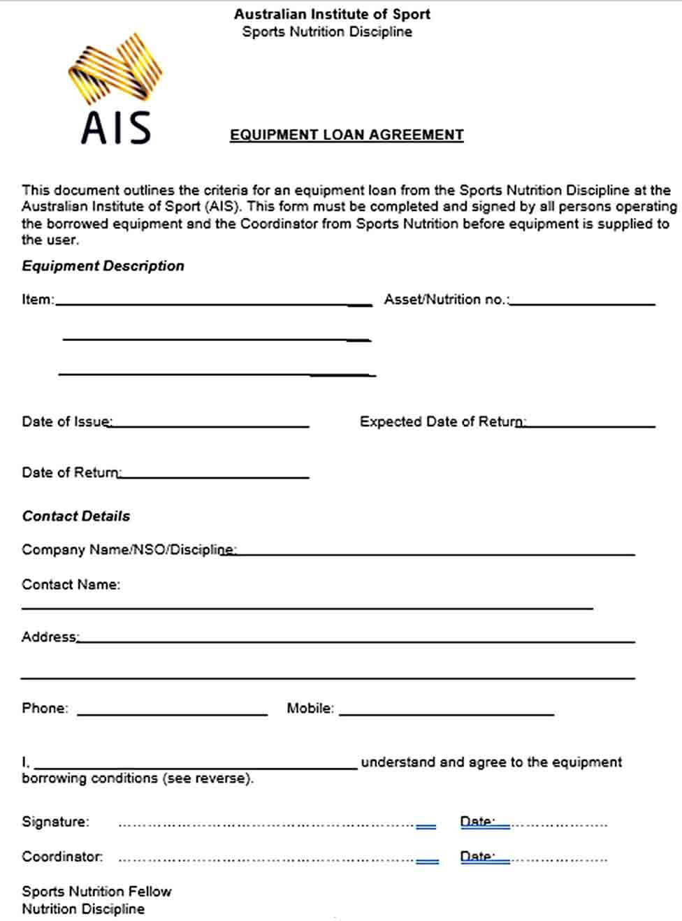 Sample Sports Nutrition Equipment Loan Agreement