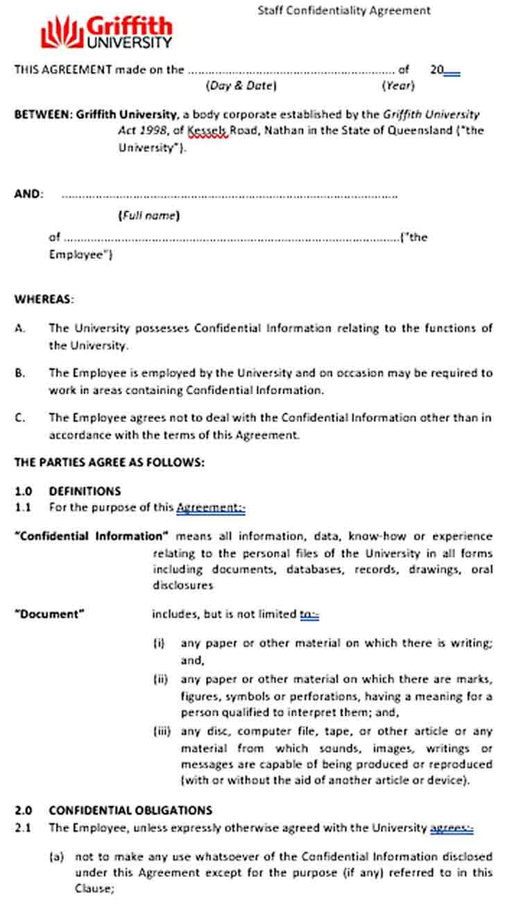 Sample Staff Confidentiality Agreement Template