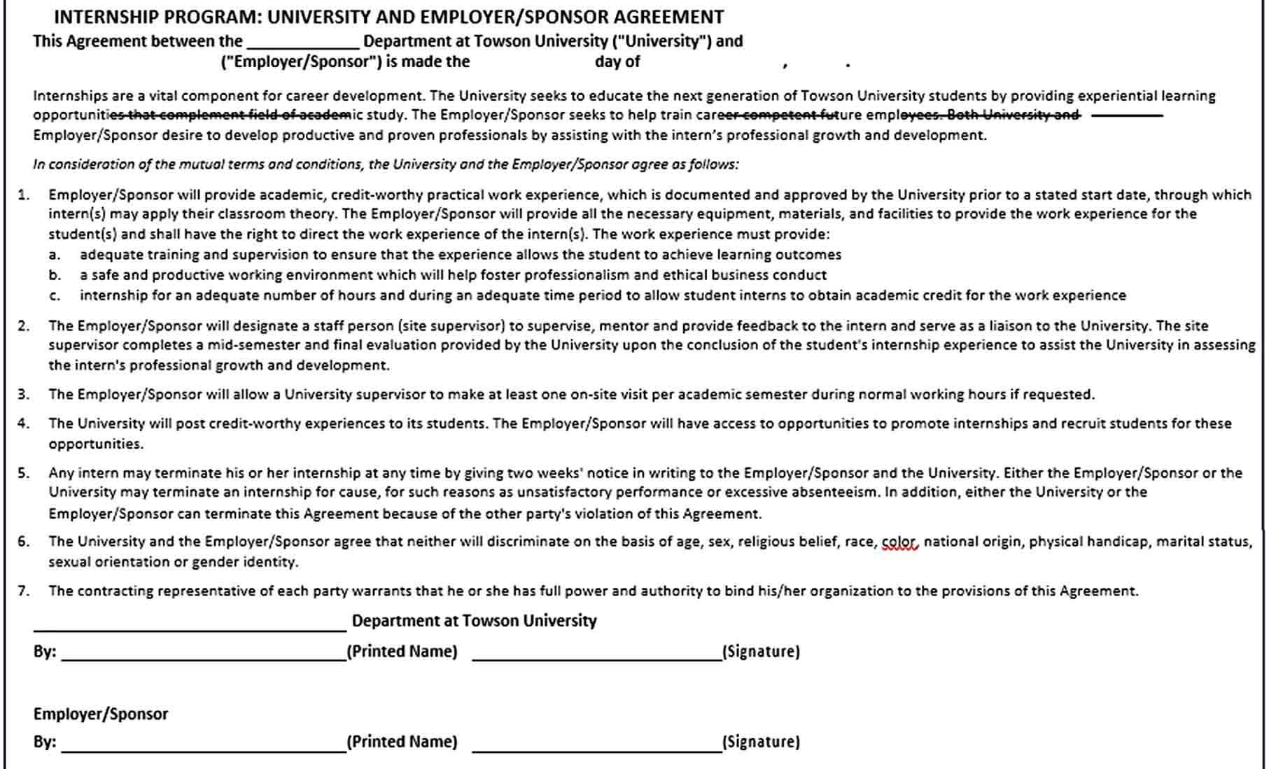 Sample Standard Employer Internship Agreement in PDF