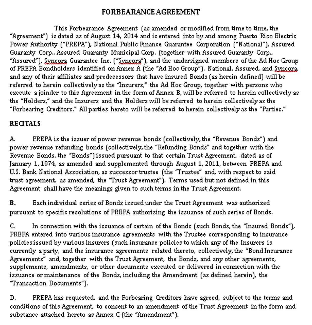 Sample Standard Forbearance Agreement Example