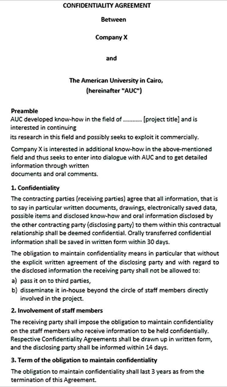 Sample Standard Form Confidentiality Agreement