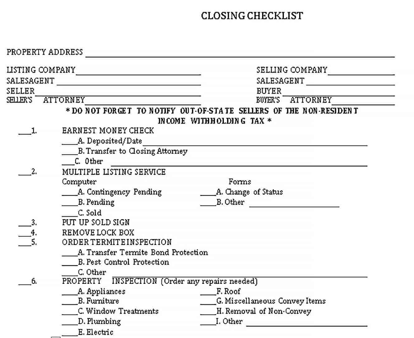 Sample Standard Property Closing Checklist Template