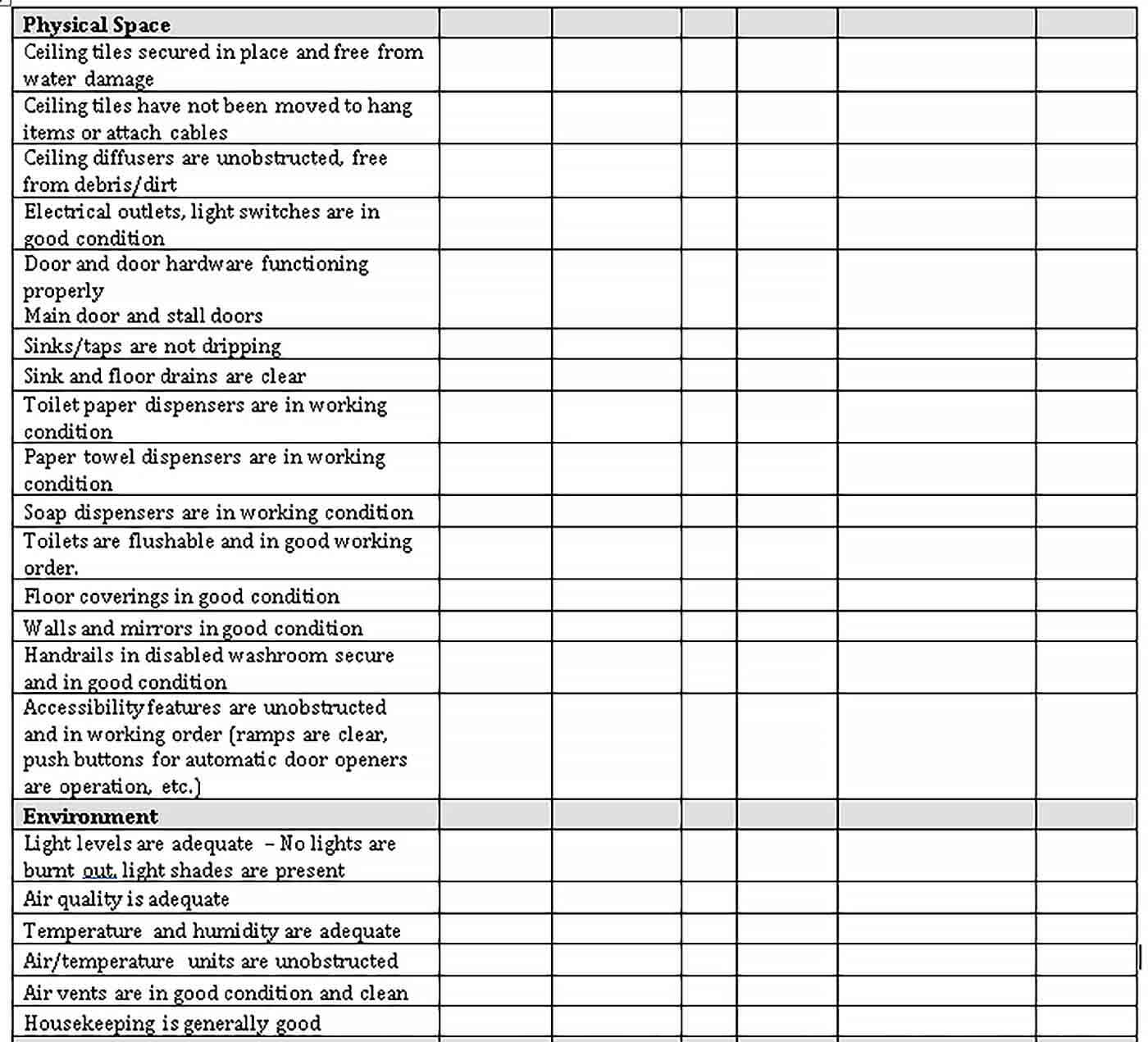 Sample Standard Restroom Inspection Checklist Template