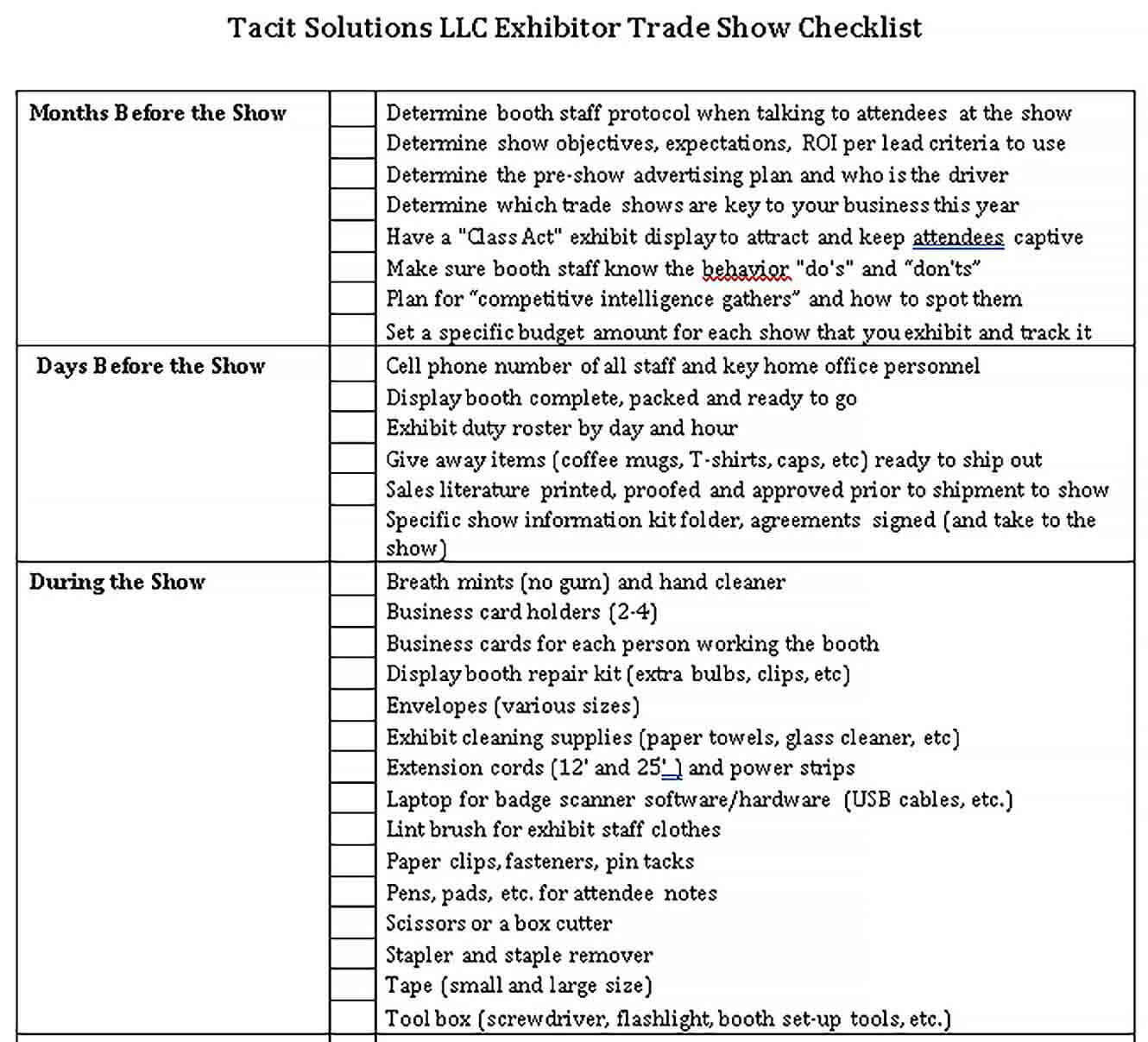 Sample Standard Trade Show Checklist