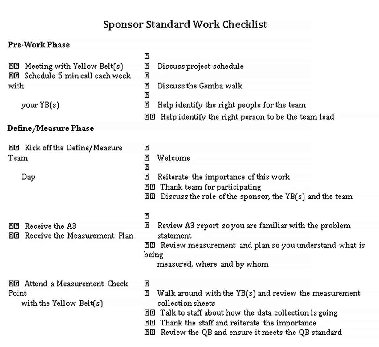 Sample Standard Work Checklist