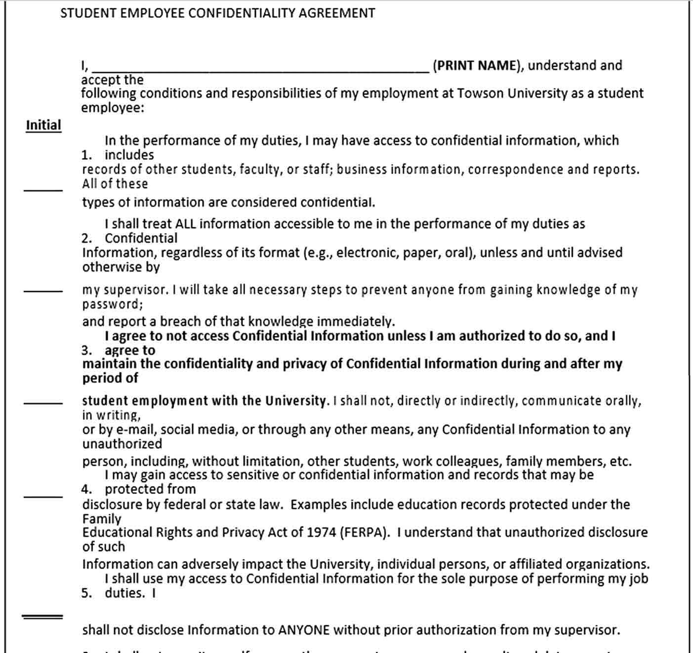 Sample Student Employment Confidentiality Agreement