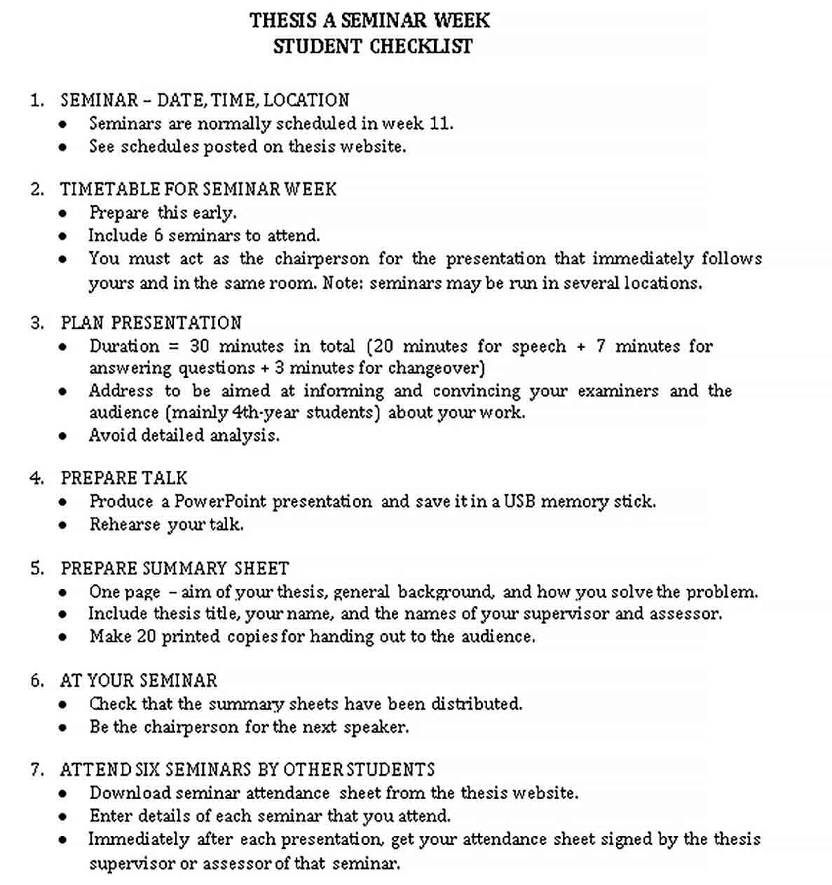 Sample Student Seminar Checklist