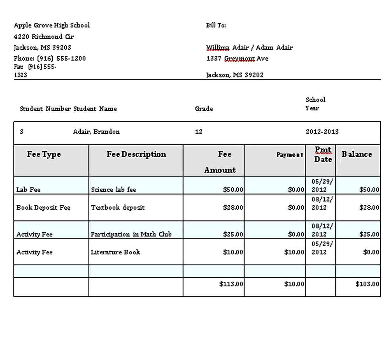 Sample Student Tuition Fee report