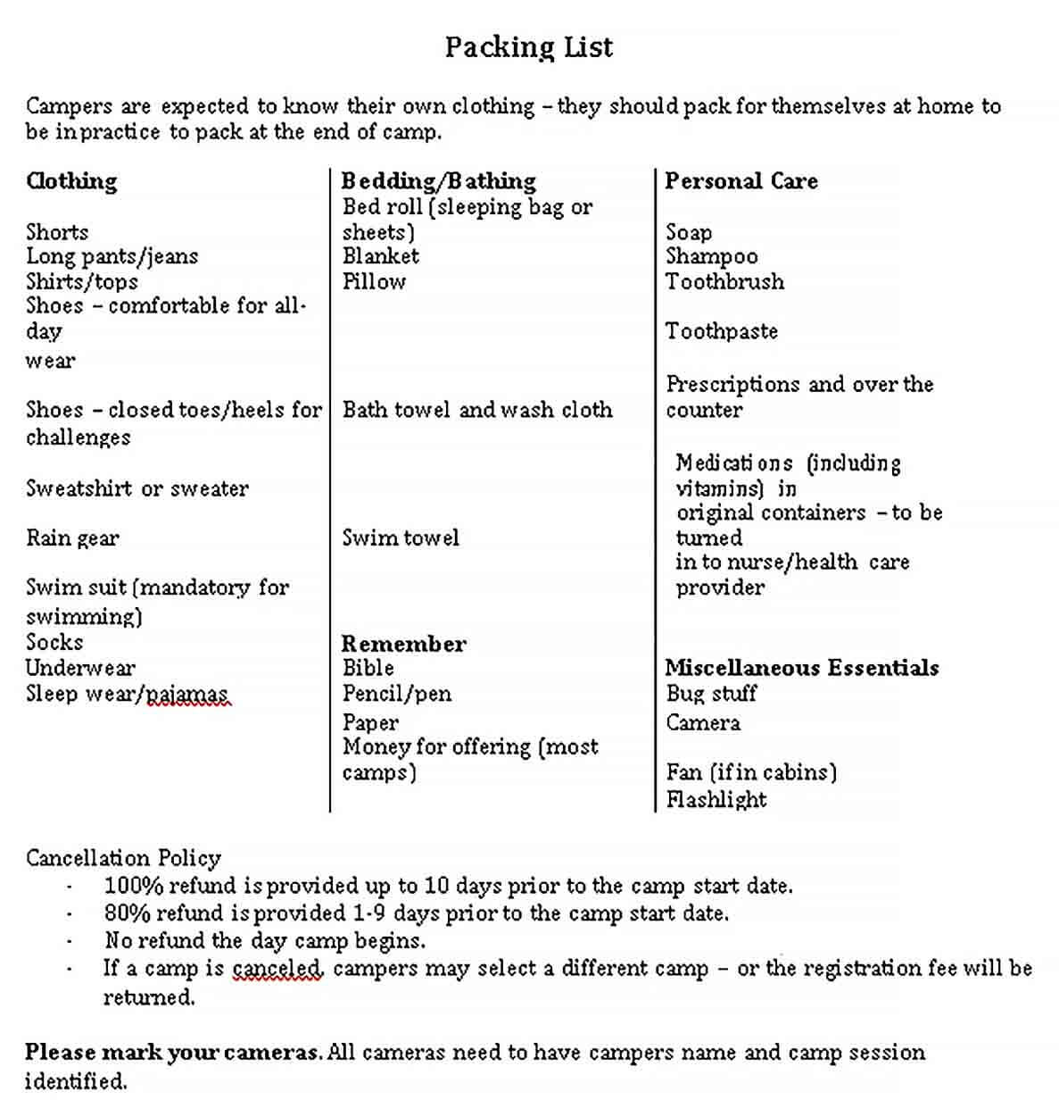 Sample Summer Camp Packing Checklist 1