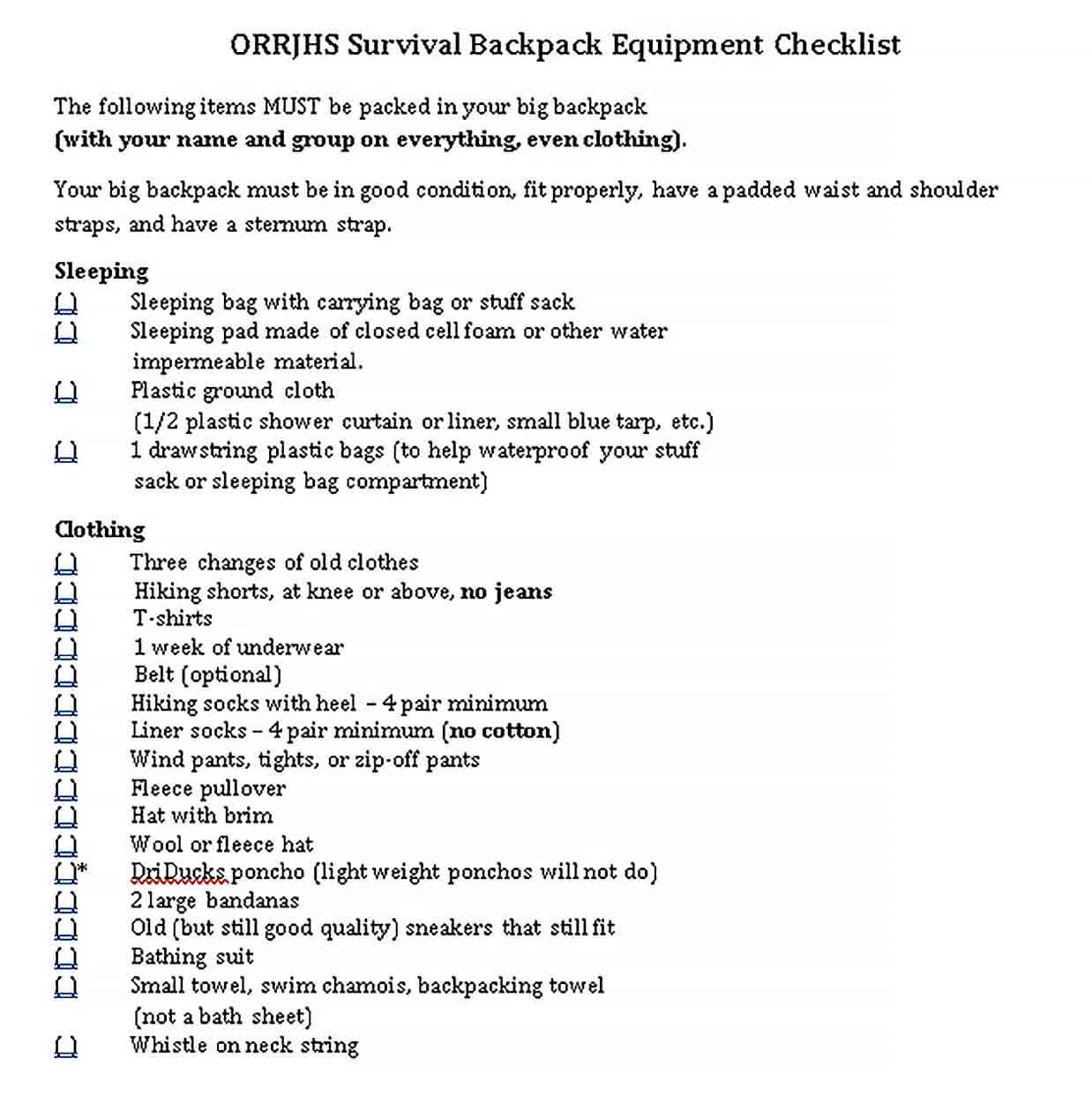 Sample Survival Backpack Equipment Checklist
