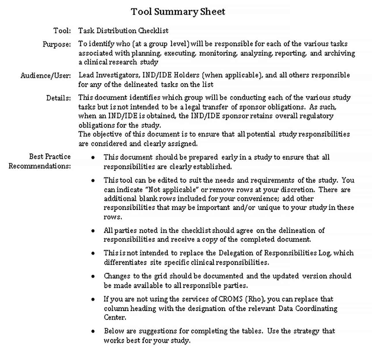 Sample Task Distribution Checklist DOC Format Template