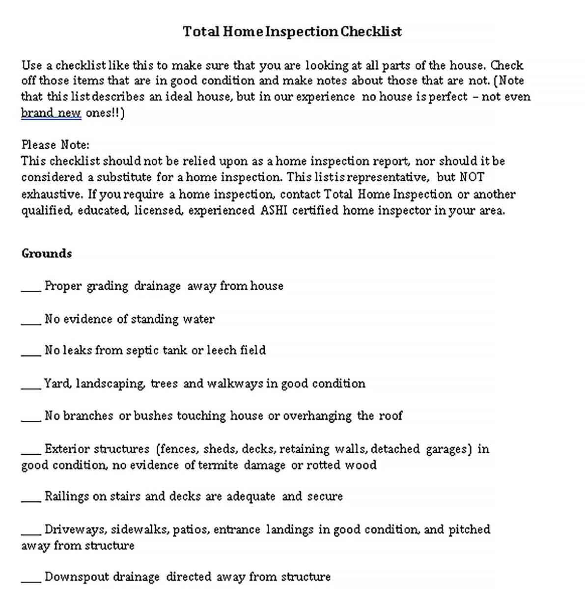 Sample Total Home Inspection Checklist Template