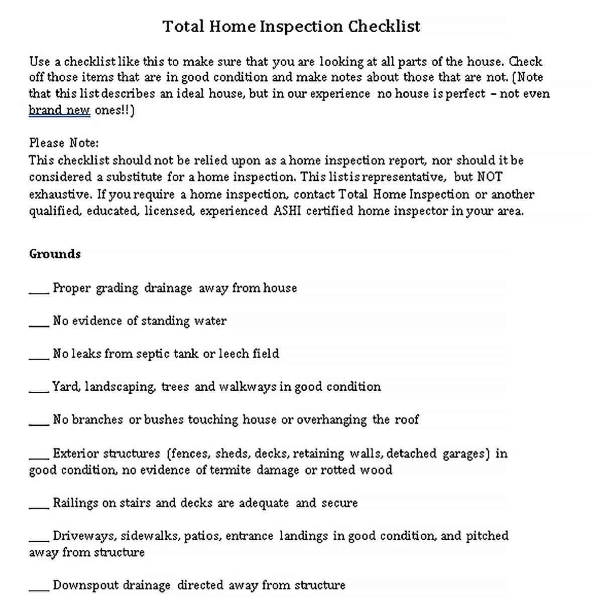 Sample Total Home Inspection Checklist