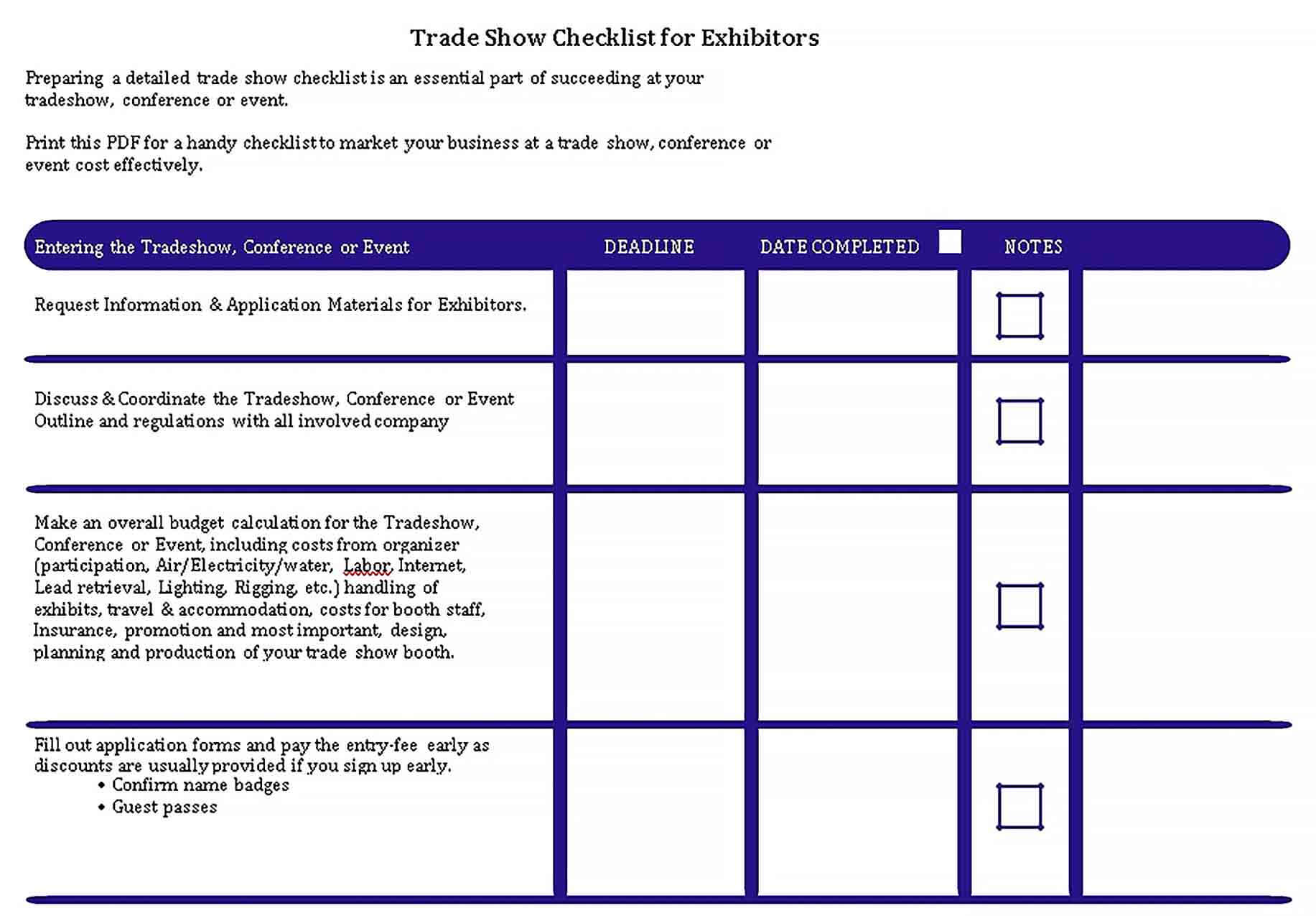 Sample Trade Show Checklist Template