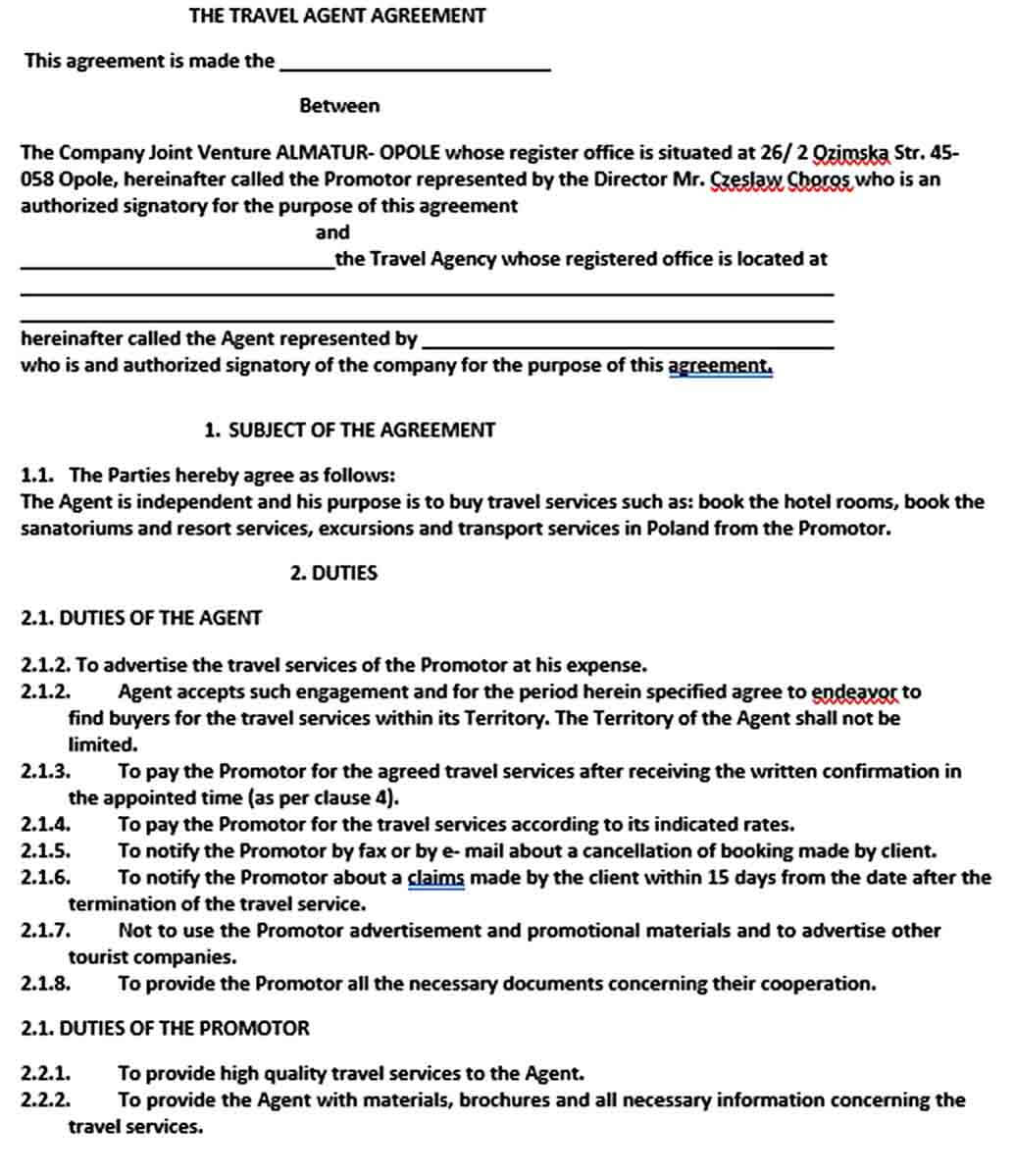 Sample Travel Agent Agreement Template
