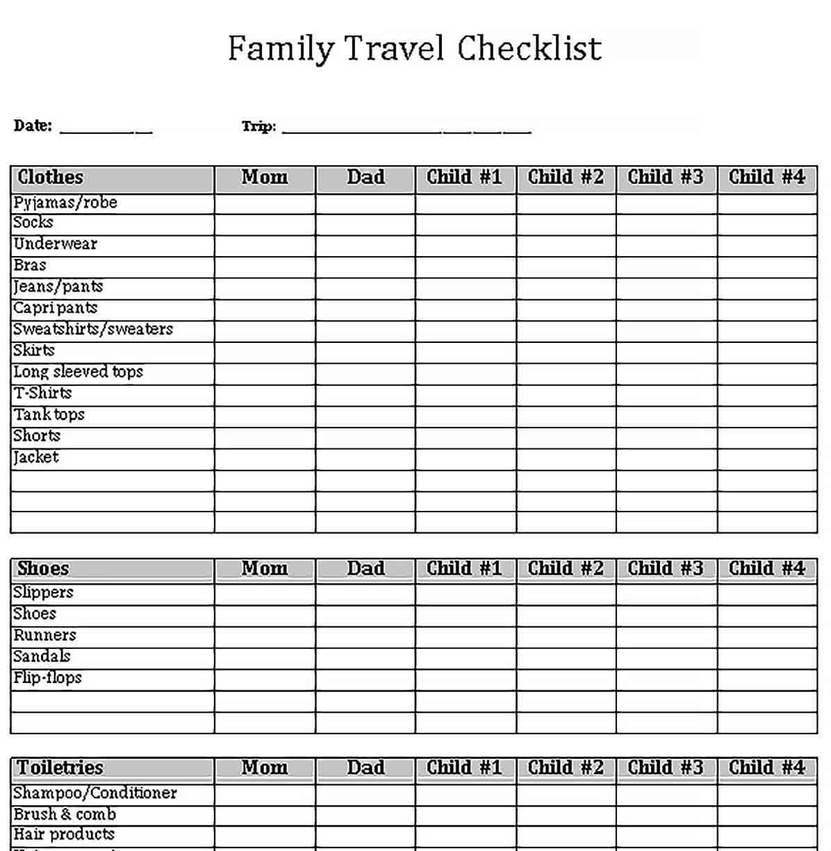 Sample Travel Checklist for Family