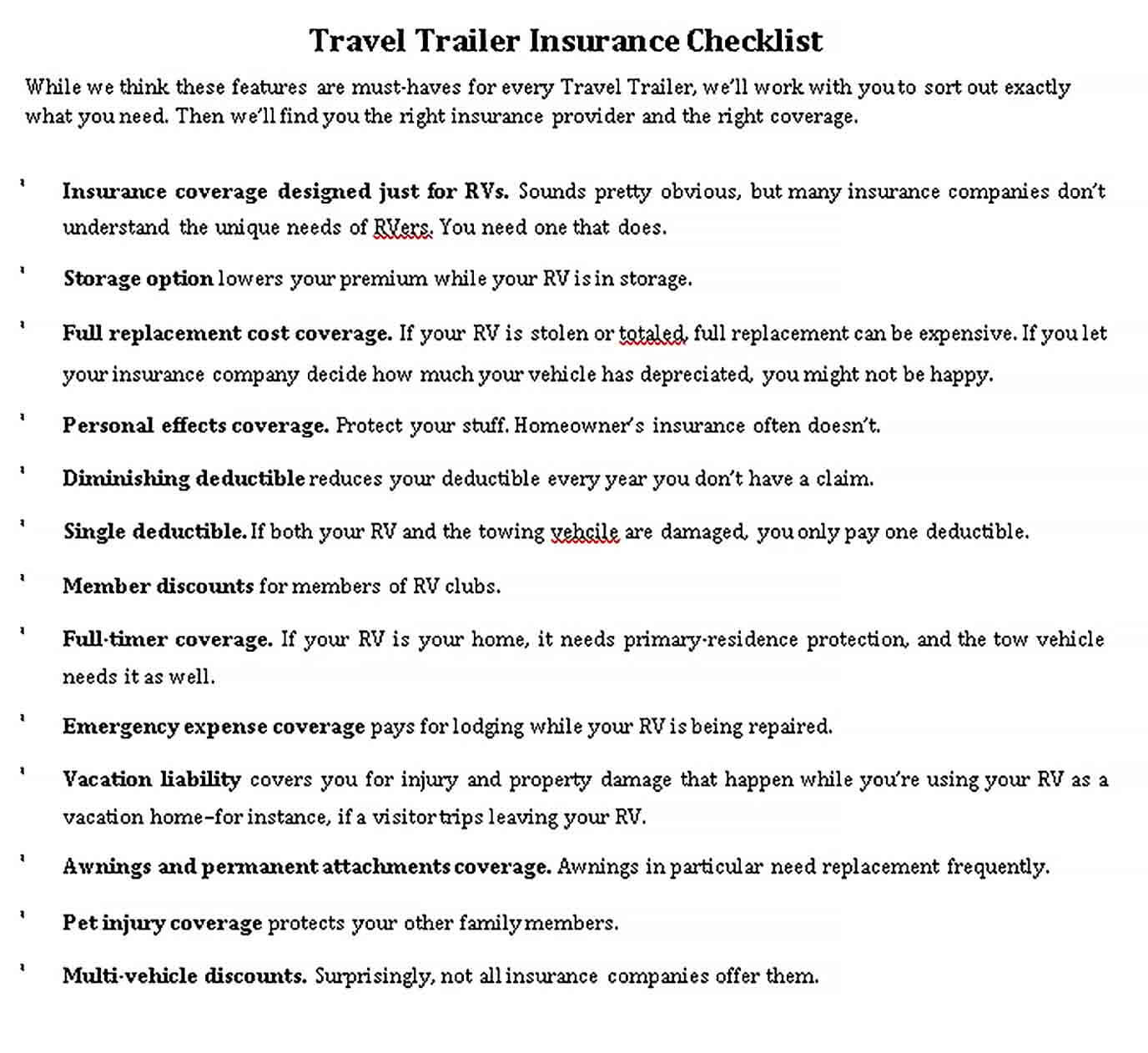 Sample Travel Trailer Checklist