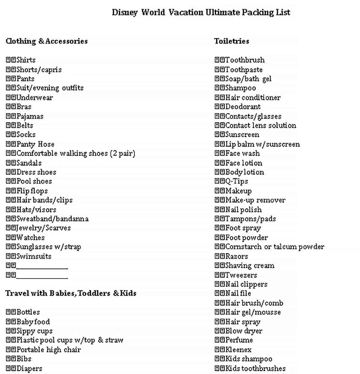 Sample Ultimate Vaction Packing List