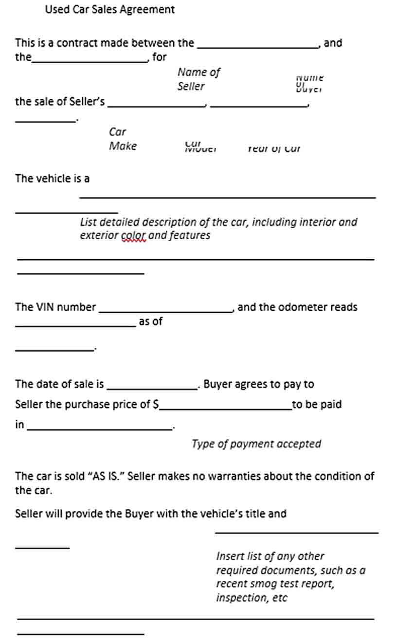 Sample Used Car Sales Agreement