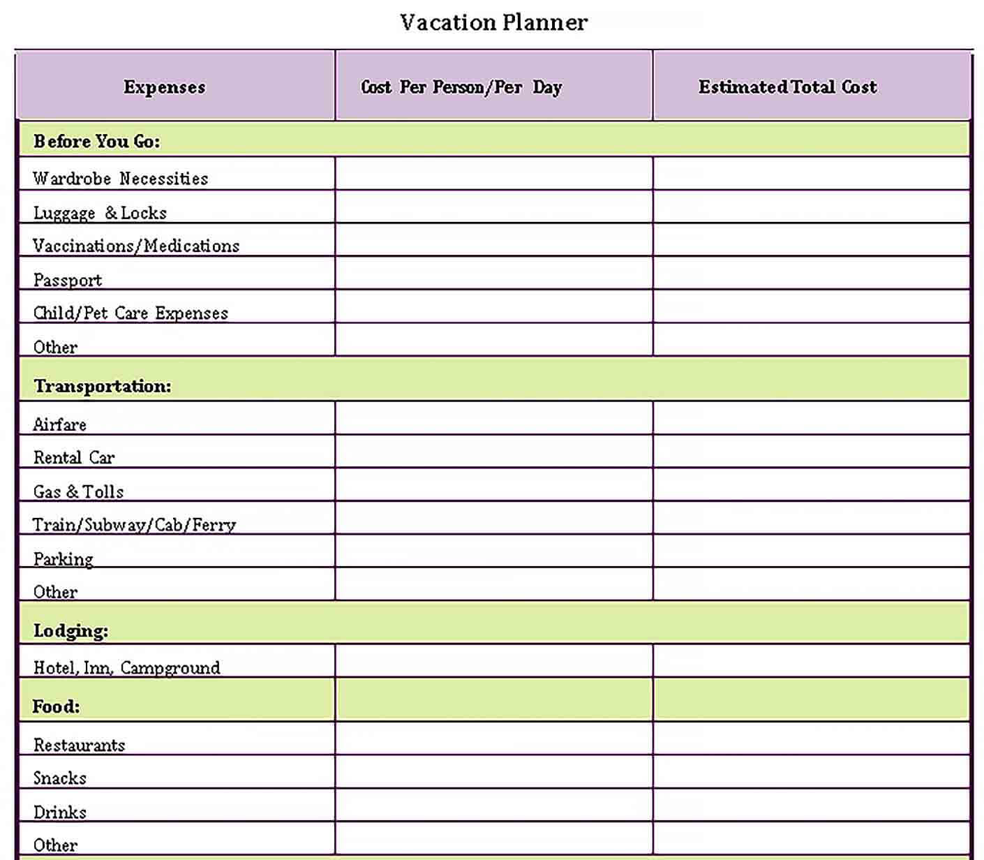 Sample Vacation Planning Checklist