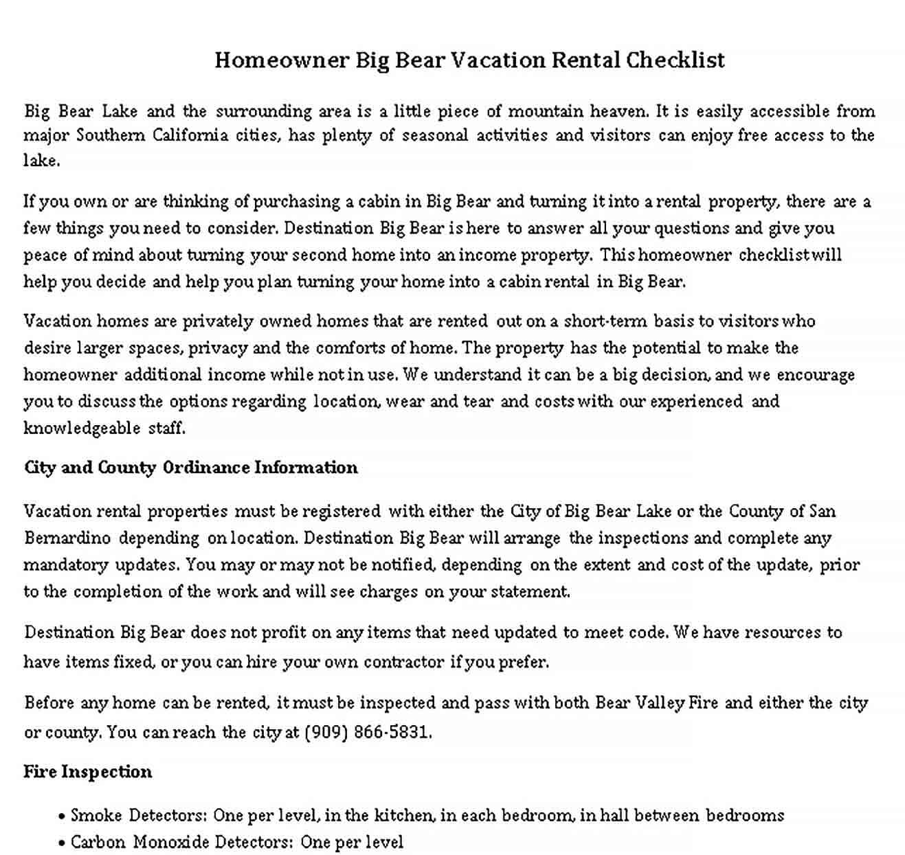 Sample Vacation Rental Checklist