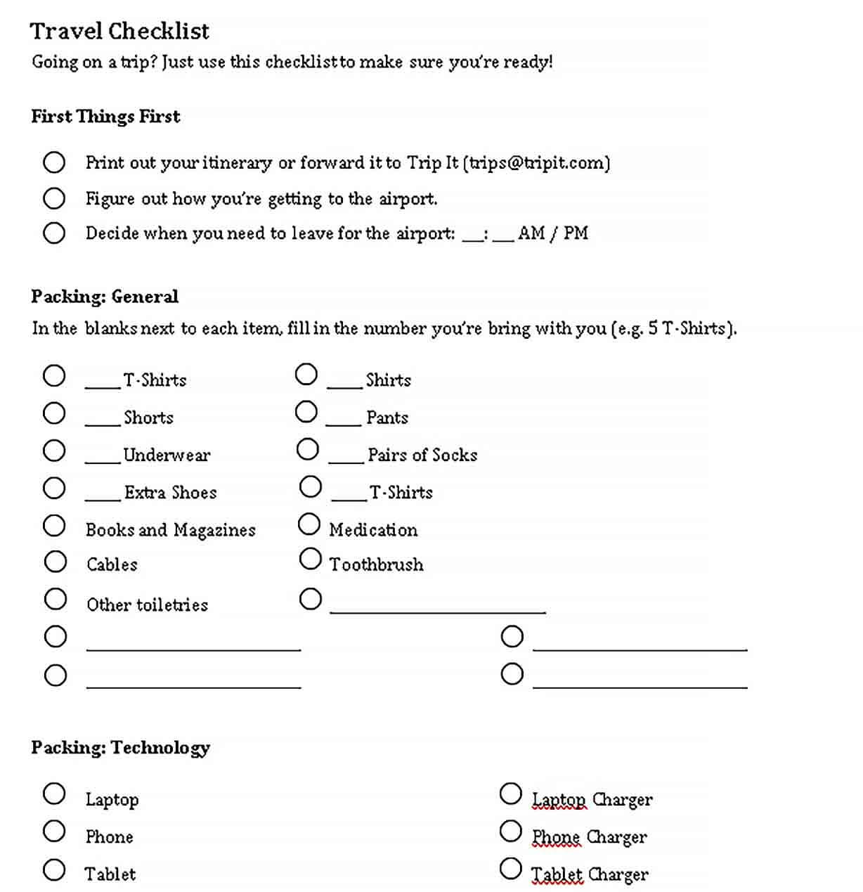 Sample Vacation Travel Checklist