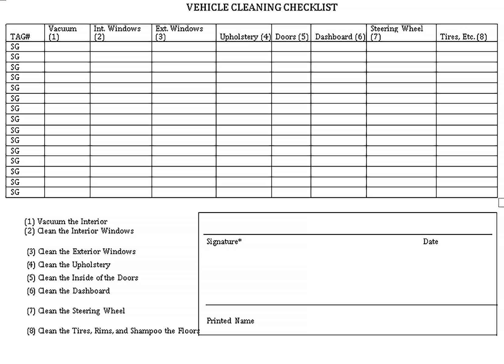 Sample Vehicle Cleaning Checklist Template