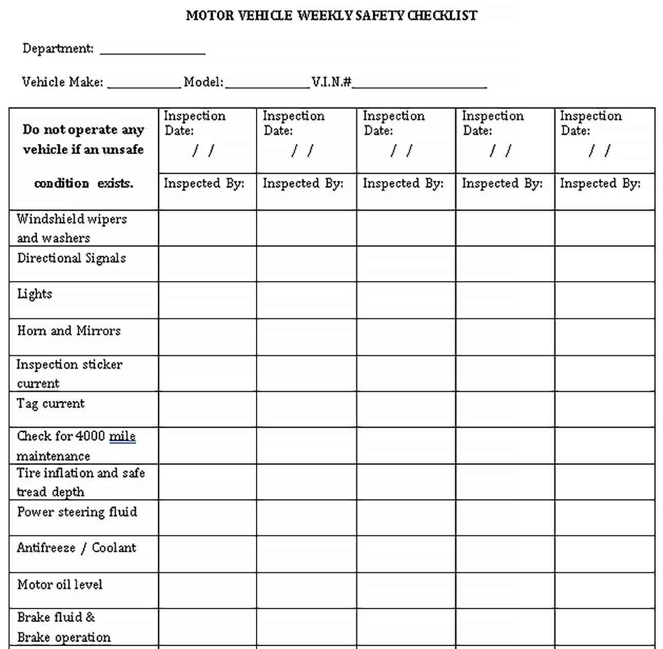 Sample Vehicle Weekly Checklist Template