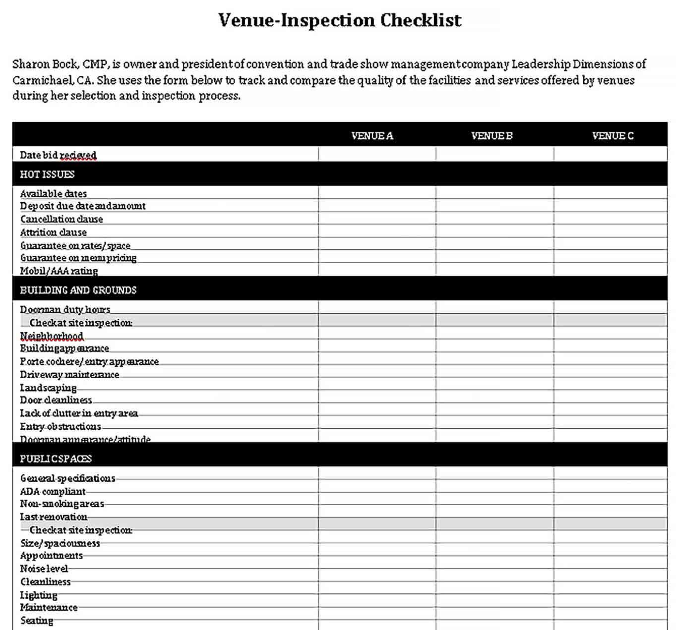 Sample Venue Inspection Checklist