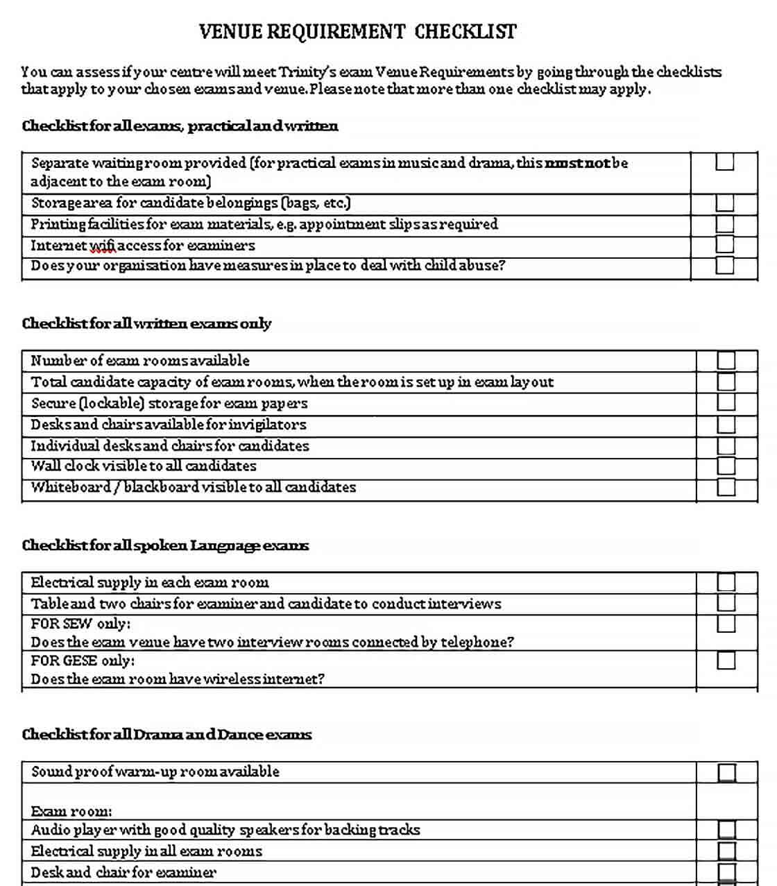 Sample Venue Requirement Checklist