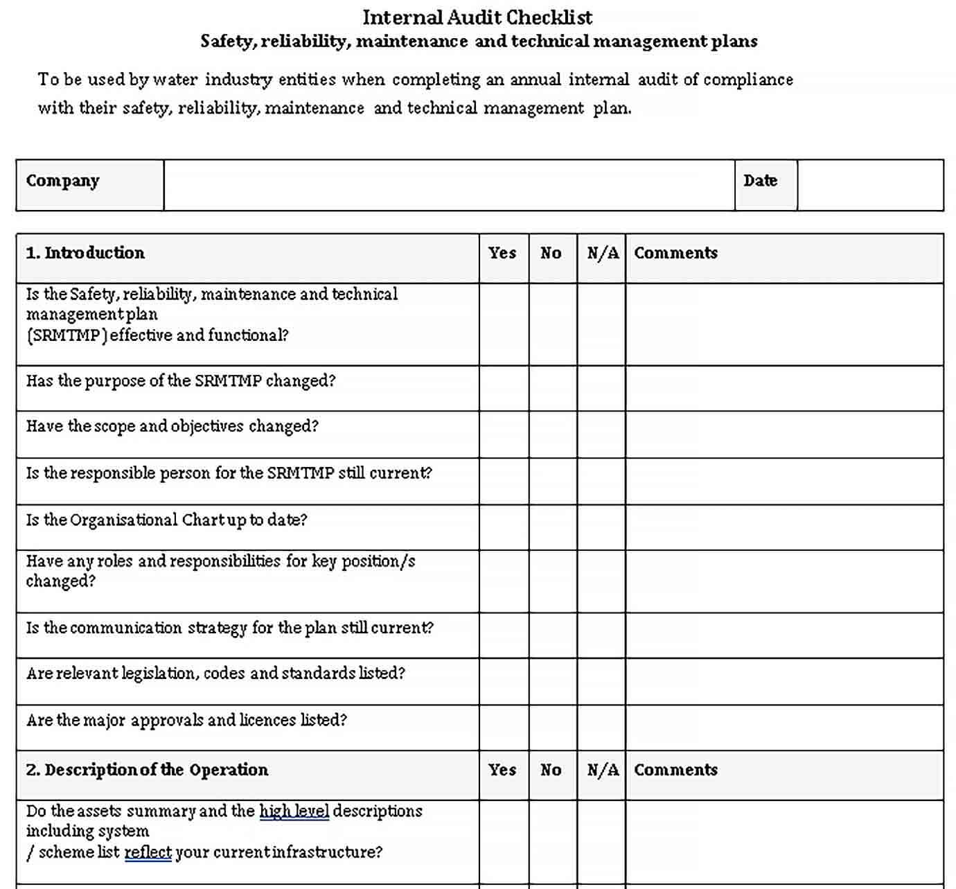Sample Water Industry Internal Audit Checklist Template