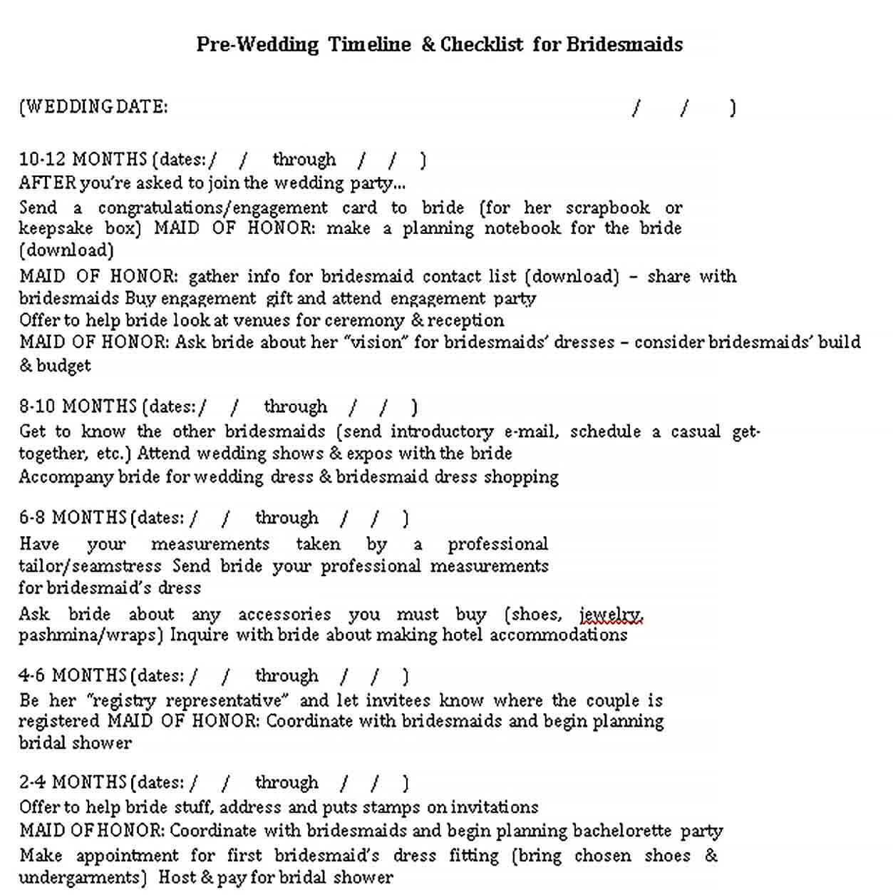 Sample Wedding Day Checklist for Bridesmaid